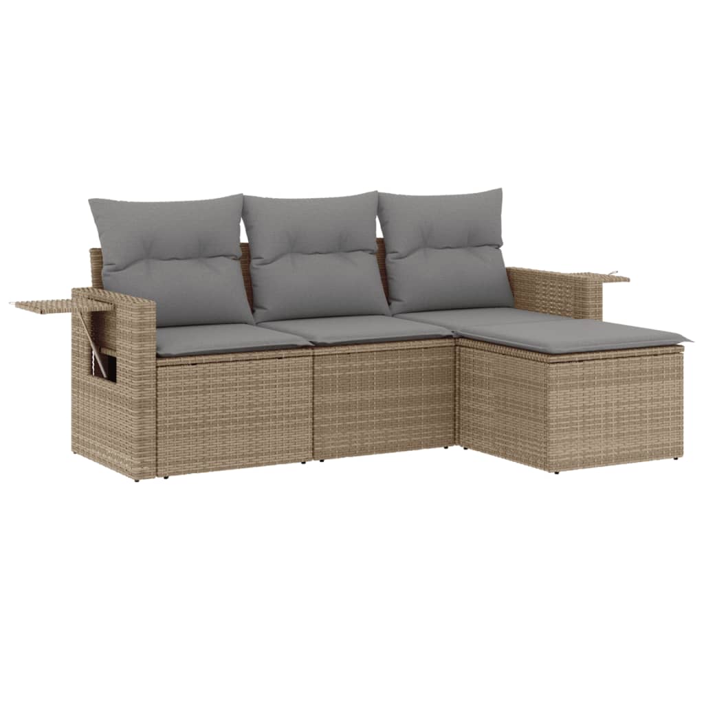 4-tlg. Garten-Sofagarnitur mit Kissen Beige Poly Rattan