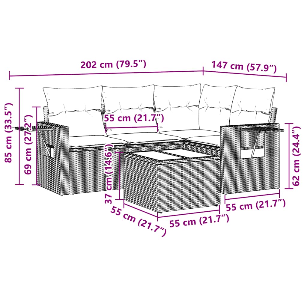 5-tlg. Garten-Sofagarnitur mit Kissen Hellgrau Poly Rattan