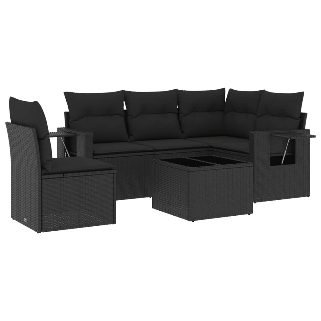 6-tlg. Garten-Sofagarnitur mit Kissen Schwarz Poly Rattan