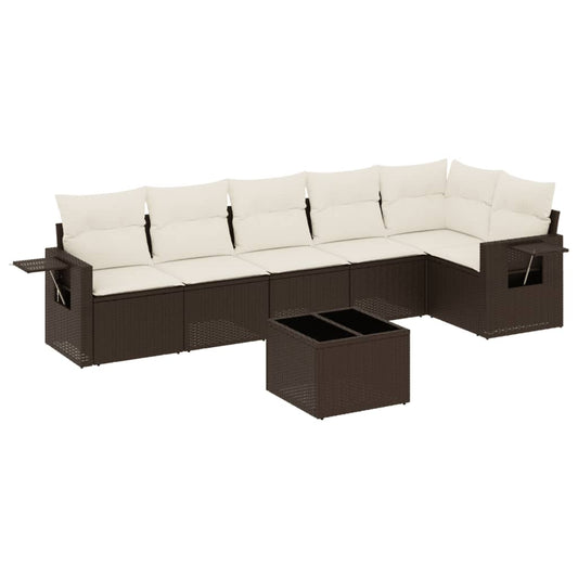 7-tlg. Garten-Sofagarnitur mit Kissen Braun Poly Rattan