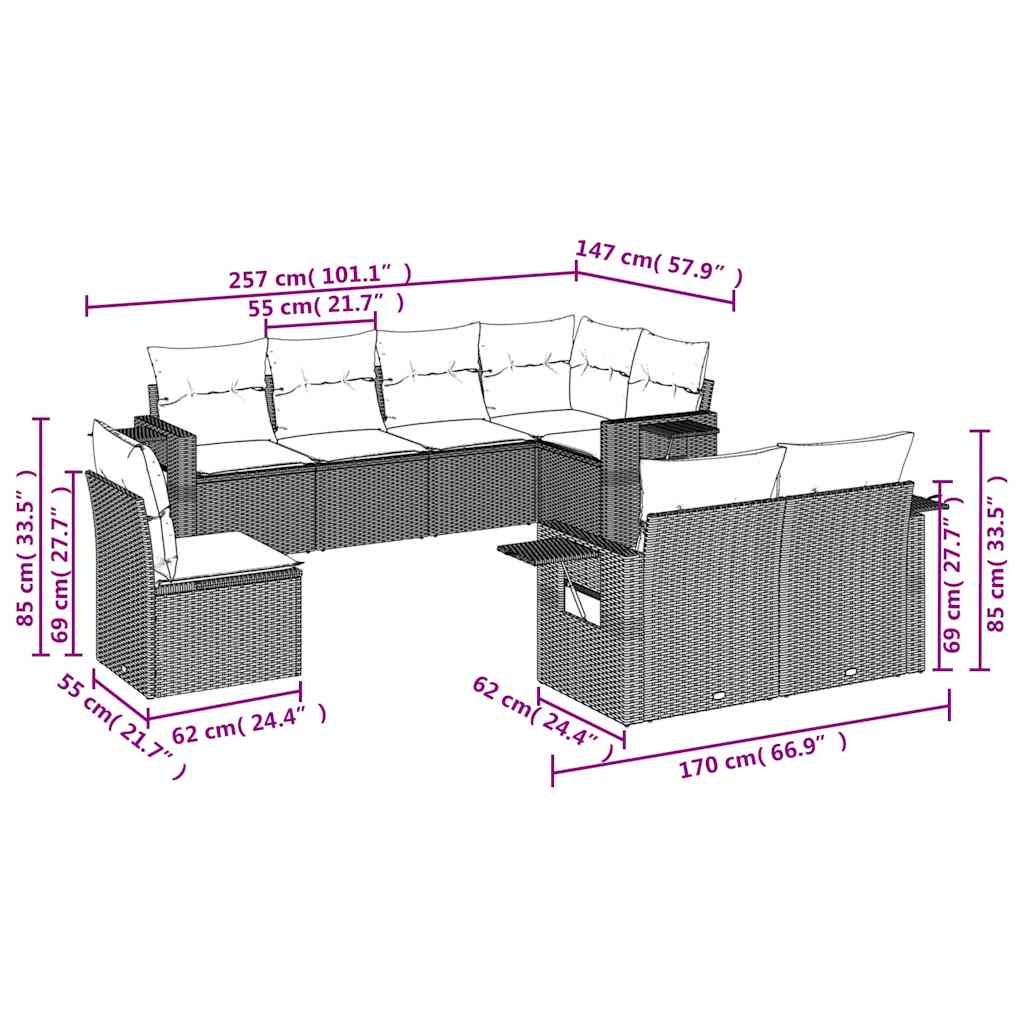 8-tlg. Garten-Sofagarnitur mit Kissen Beige Poly Rattan