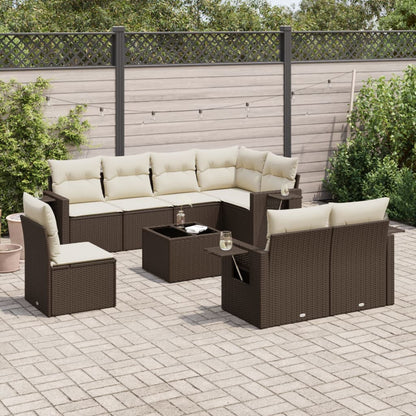 9-tlg. Garten-Sofagarnitur mit Kissen Braun Poly Rattan