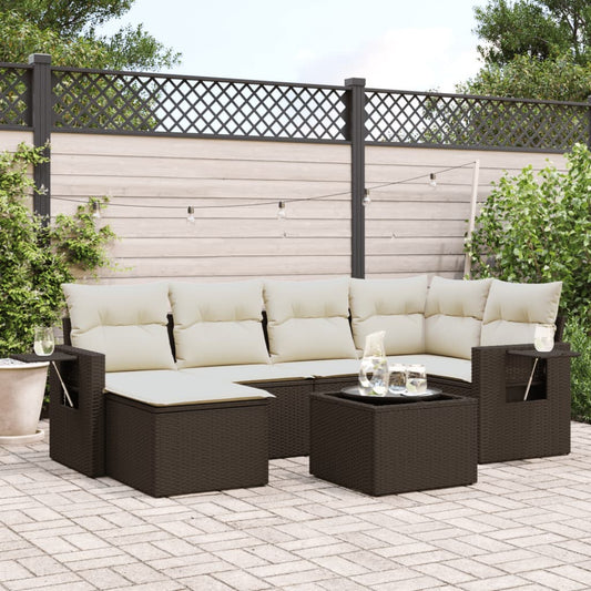 7-tlg. Garten-Sofagarnitur mit Kissen Braun Poly Rattan