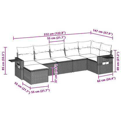 7-tlg. Garten-Sofagarnitur mit Kissen Hellgrau Poly Rattan