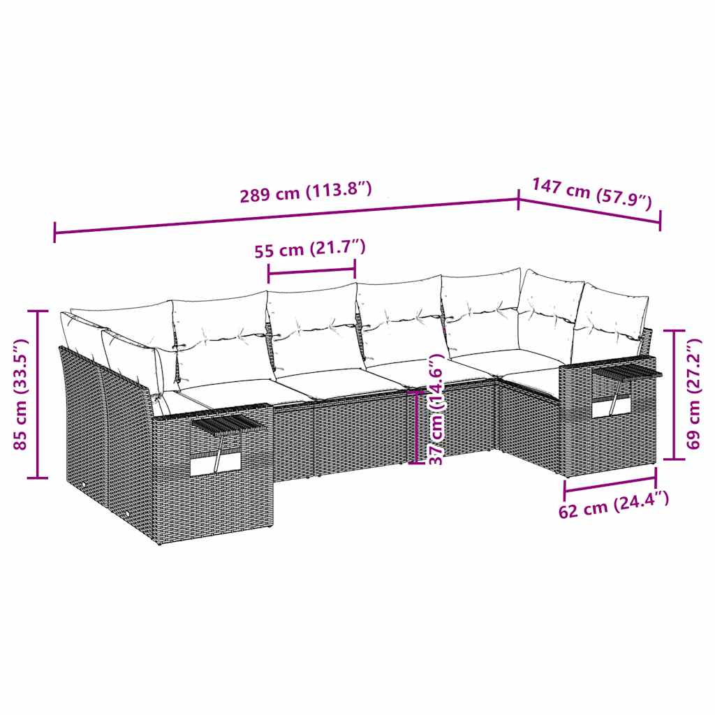 7-tlg. Garten-Sofagarnitur mit Kissen Hellgrau Poly Rattan