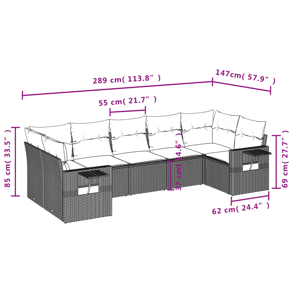 7-tlg. Garten-Sofagarnitur mit Kissen Braun Poly Rattan
