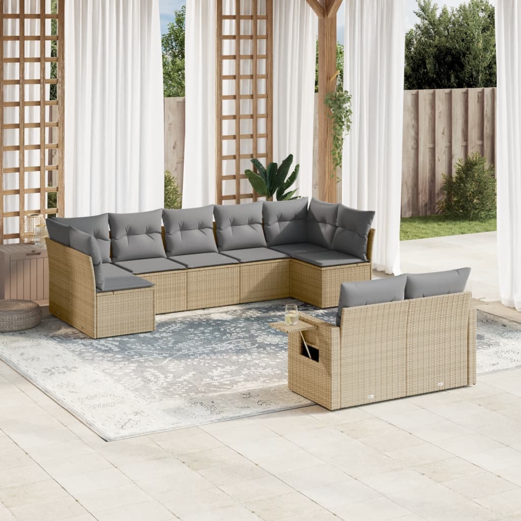 9-tlg. Garten-Sofagarnitur mit Kissen Beige Poly Rattan