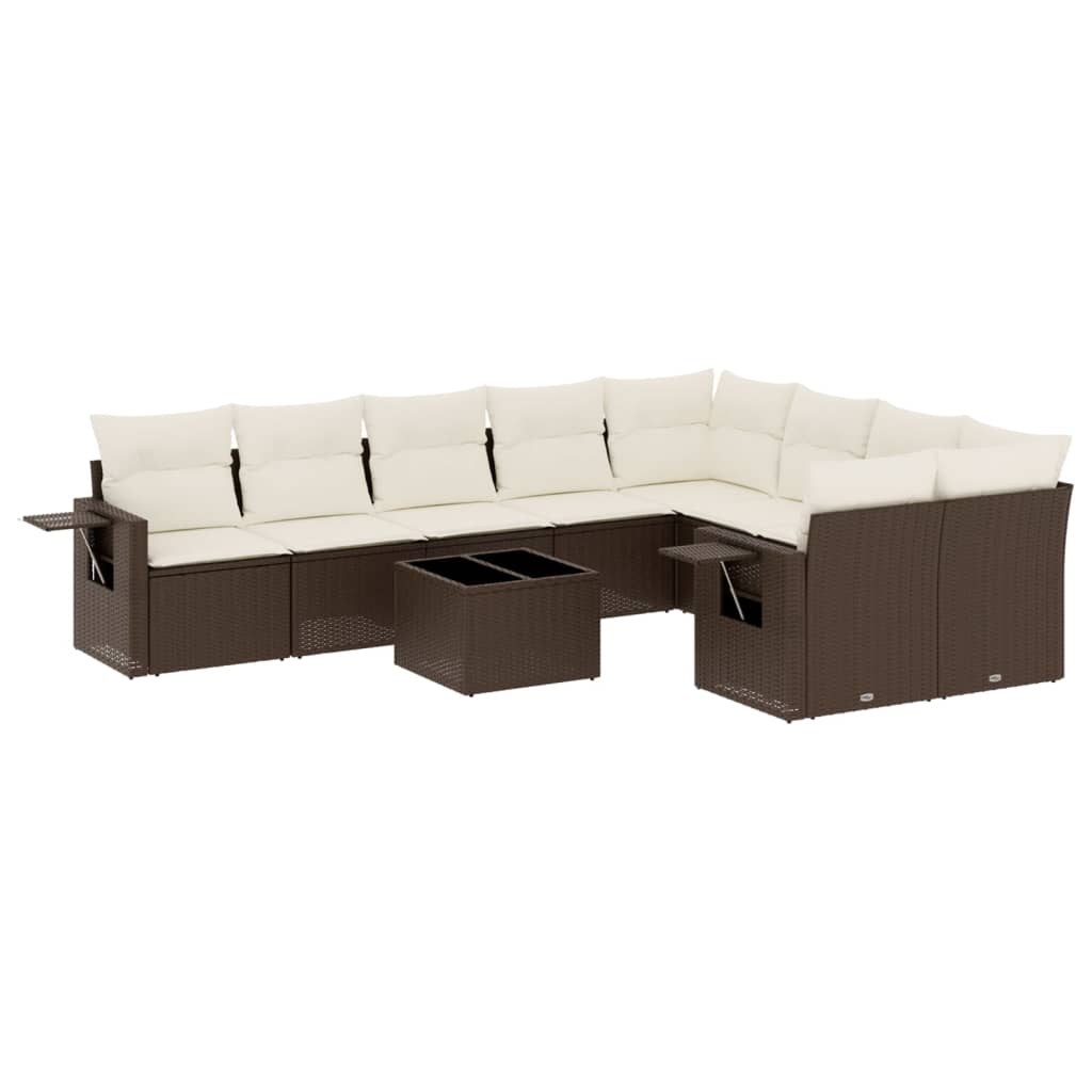 10-tlg. Garten-Sofagarnitur mit Kissen Braun Poly Rattan