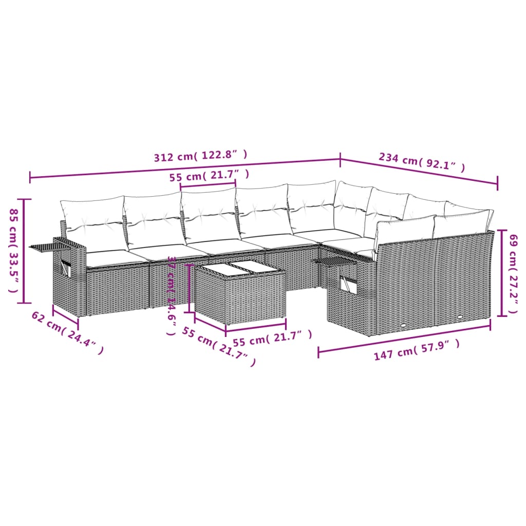 10-tlg. Garten-Sofagarnitur mit Kissen Braun Poly Rattan