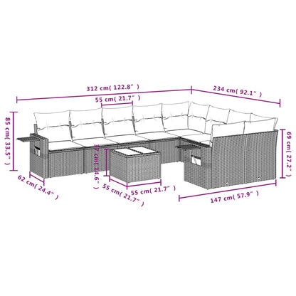 10-tlg. Garten-Sofagarnitur mit Kissen Braun Poly Rattan