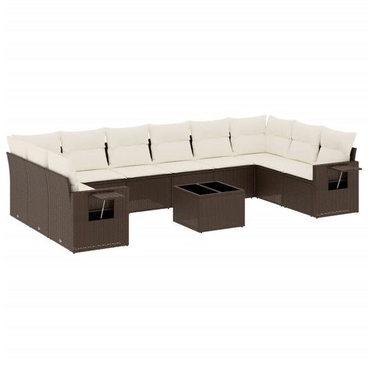 11-tlg. Garten-Sofagarnitur mit Kissen Braun Poly Rattan