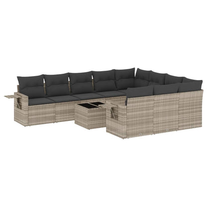 11-tlg. Garten-Sofagarnitur mit Kissen Hellgrau Poly Rattan