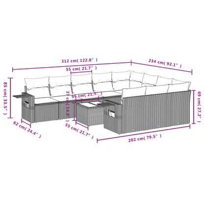 11-tlg. Garten-Sofagarnitur mit Kissen Braun Poly Rattan