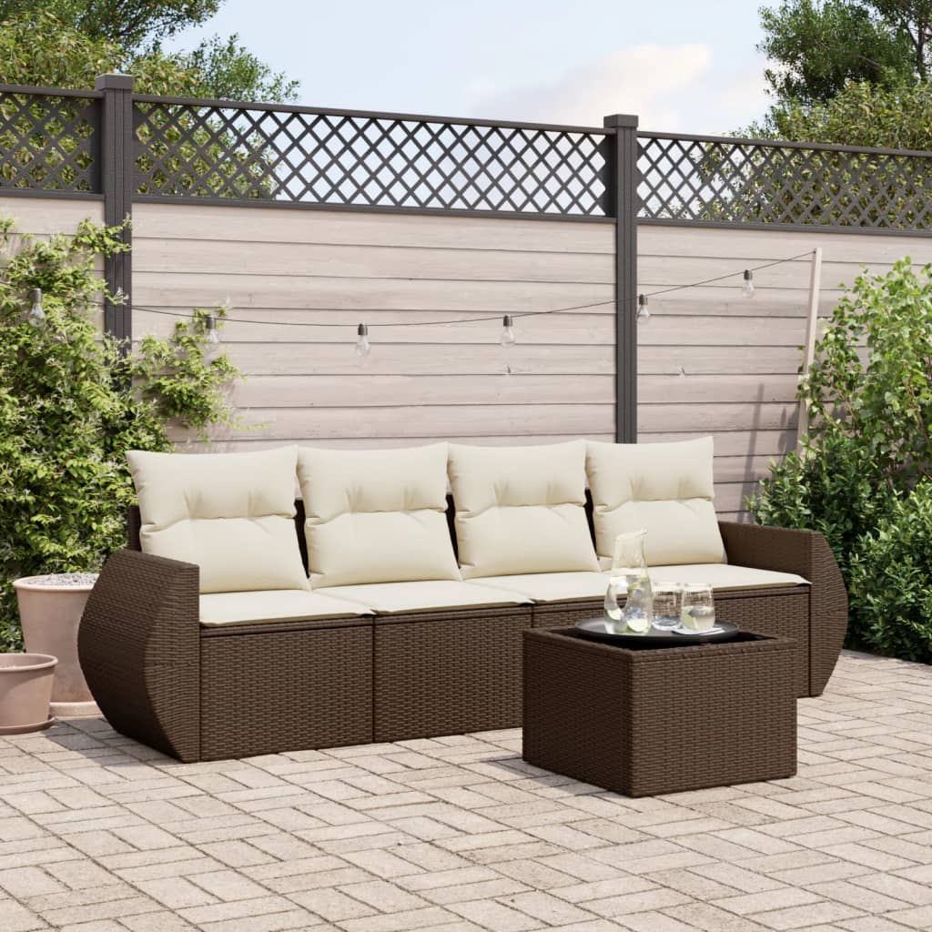 5-tlg. Garten-Sofagarnitur mit Kissen Braun Poly Rattan