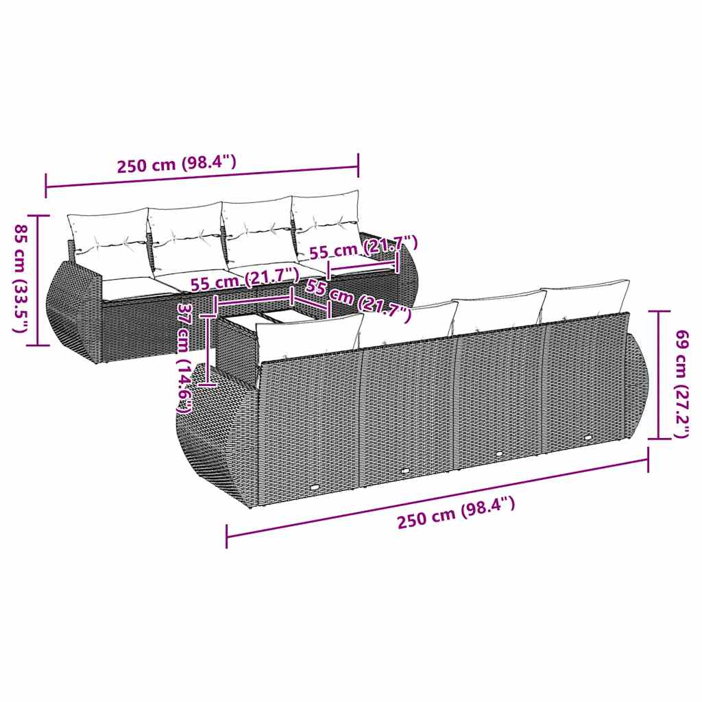 9-tlg. Garten-Sofagarnitur mit Kissen Hellgrau Poly Rattan