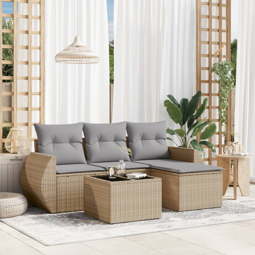 5-tlg. Garten-Sofagarnitur mit Kissen Beige Poly Rattan