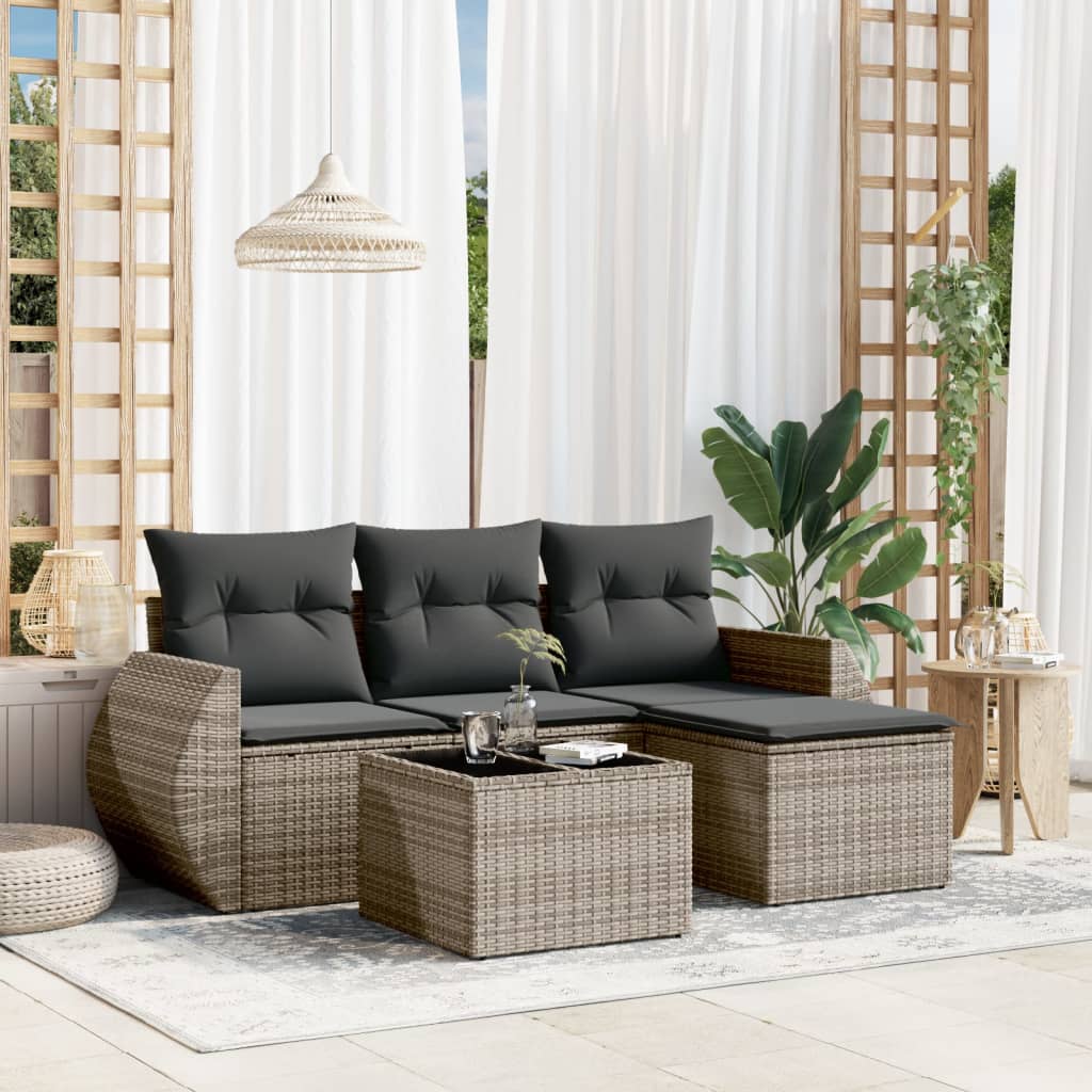 5-tlg. Garten-Sofagarnitur mit Kissen Grau Poly Rattan