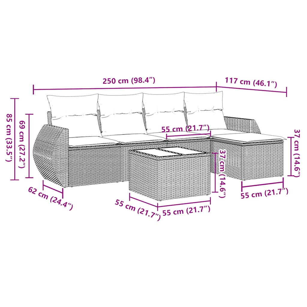6-tlg. Garten-Sofagarnitur mit Kissen Hellgrau Poly Rattan