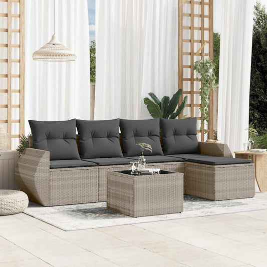 6-tlg. Garten-Sofagarnitur mit Kissen Hellgrau Poly Rattan