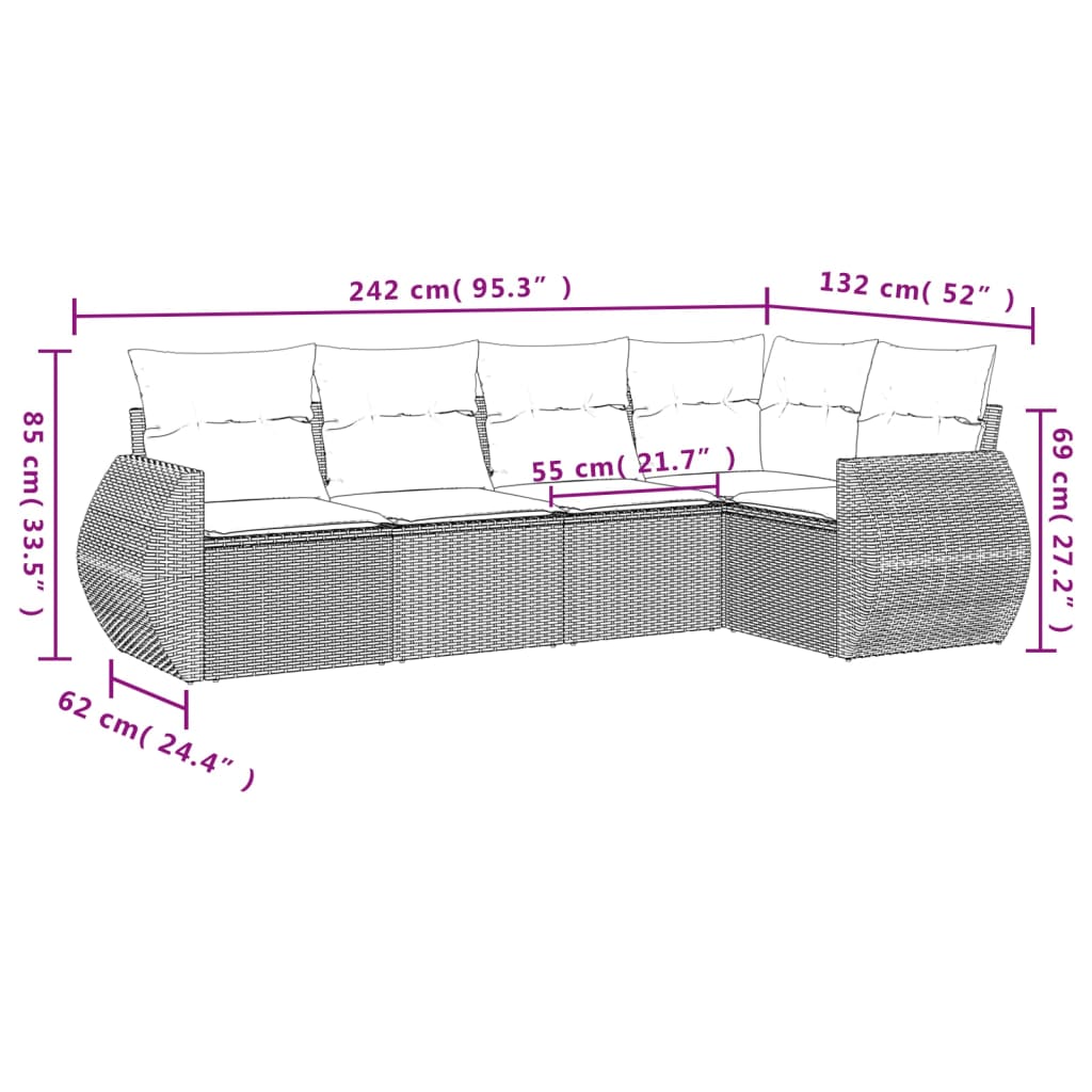 5-tlg. Garten-Sofagarnitur mit Kissen Braun Poly Rattan