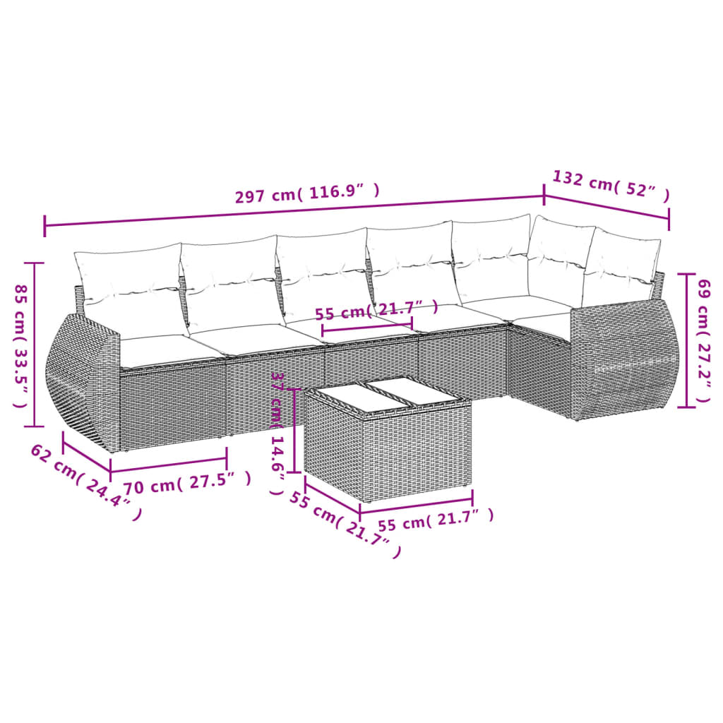 7-tlg. Garten-Sofagarnitur mit Kissen Braun Poly Rattan