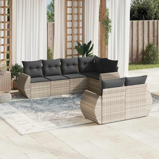 7-tlg. Garten-Sofagarnitur mit Kissen Hellgrau Poly Rattan