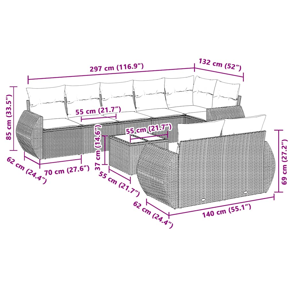 9-tlg. Garten-Sofagarnitur mit Kissen Hellgrau Poly Rattan