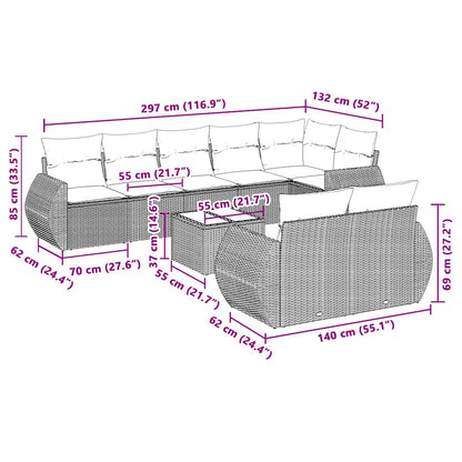 9-tlg. Garten-Sofagarnitur mit Kissen Hellgrau Poly Rattan