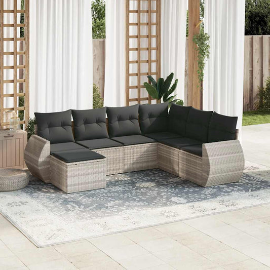 7-tlg. Garten-Sofagarnitur mit Kissen Hellgrau Poly Rattan