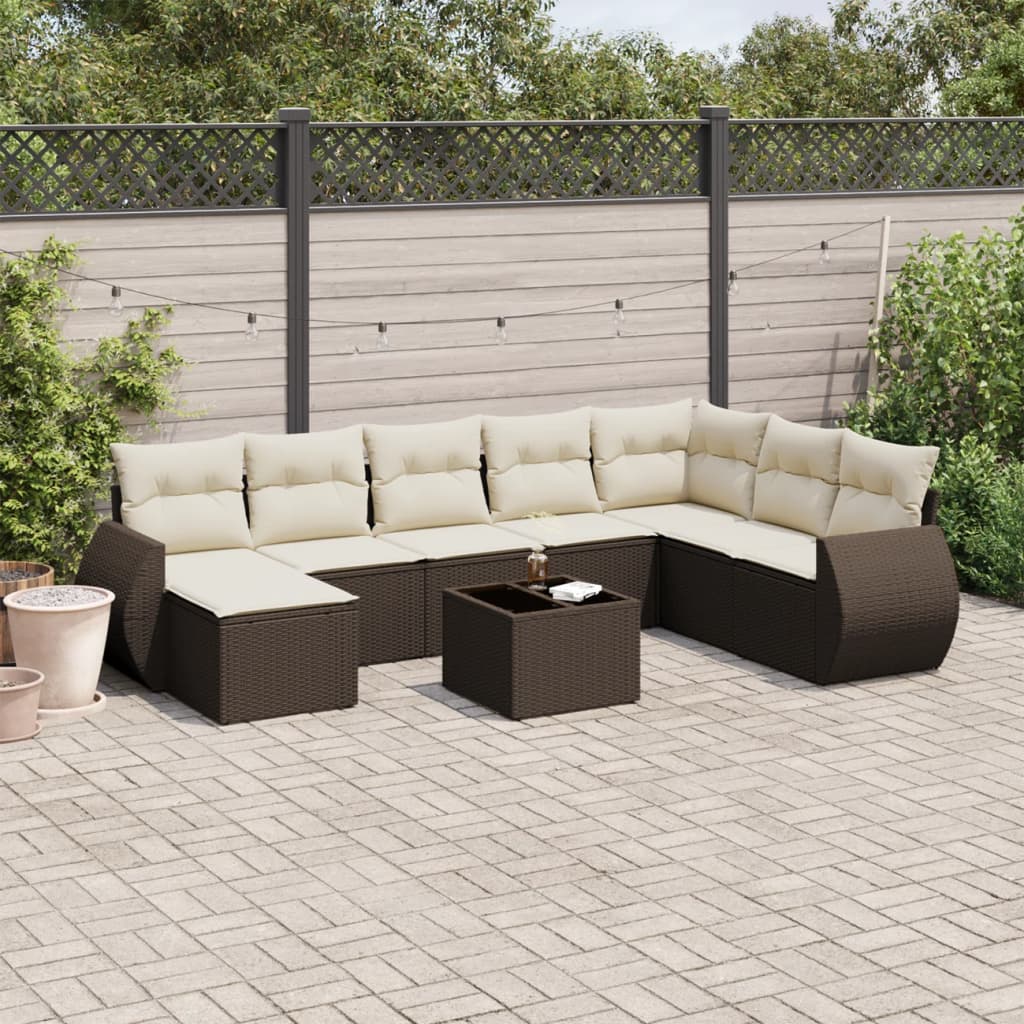 9-tlg. Garten-Sofagarnitur mit Kissen Braun Poly Rattan