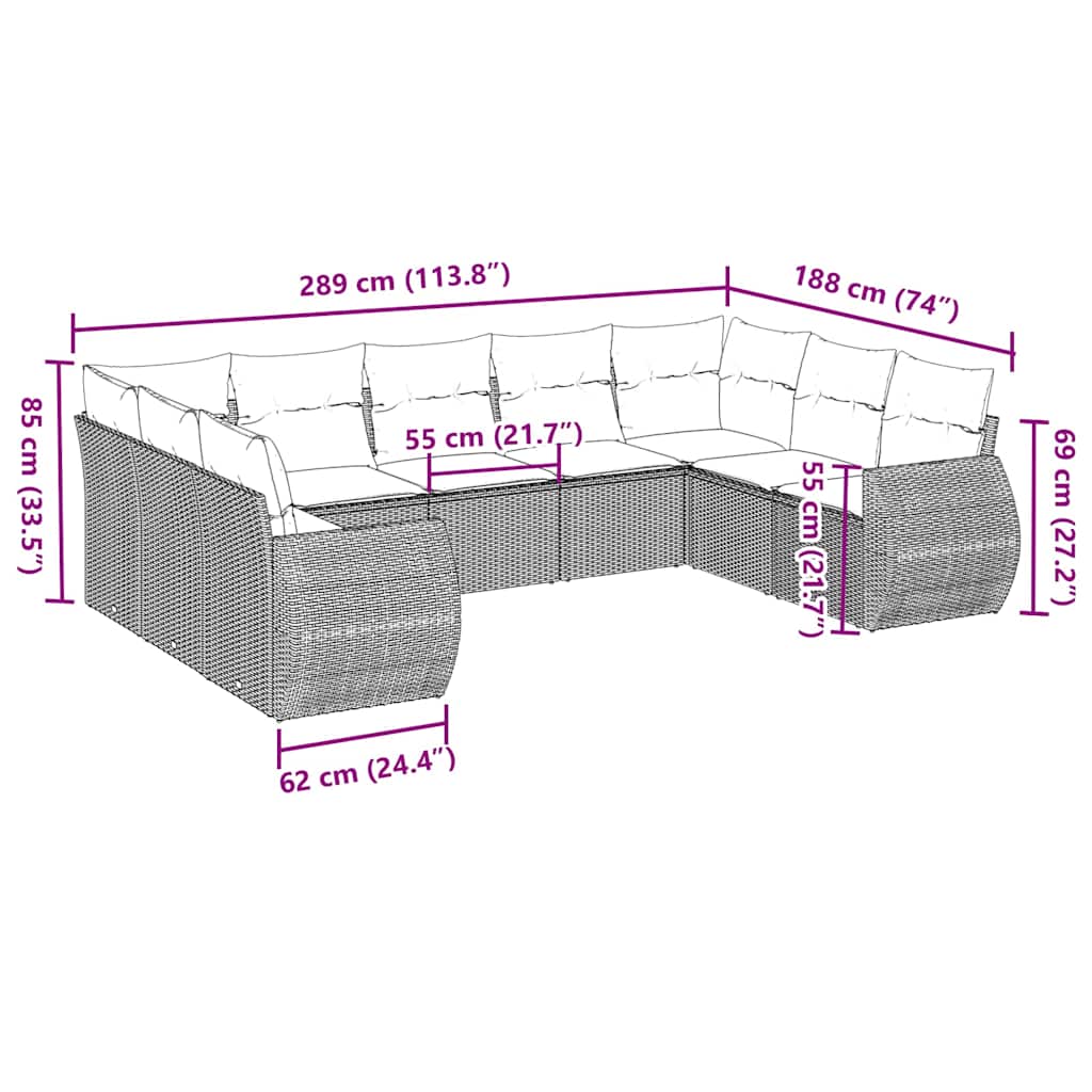 9-tlg. Garten-Sofagarnitur mit Kissen Hellgrau Poly Rattan