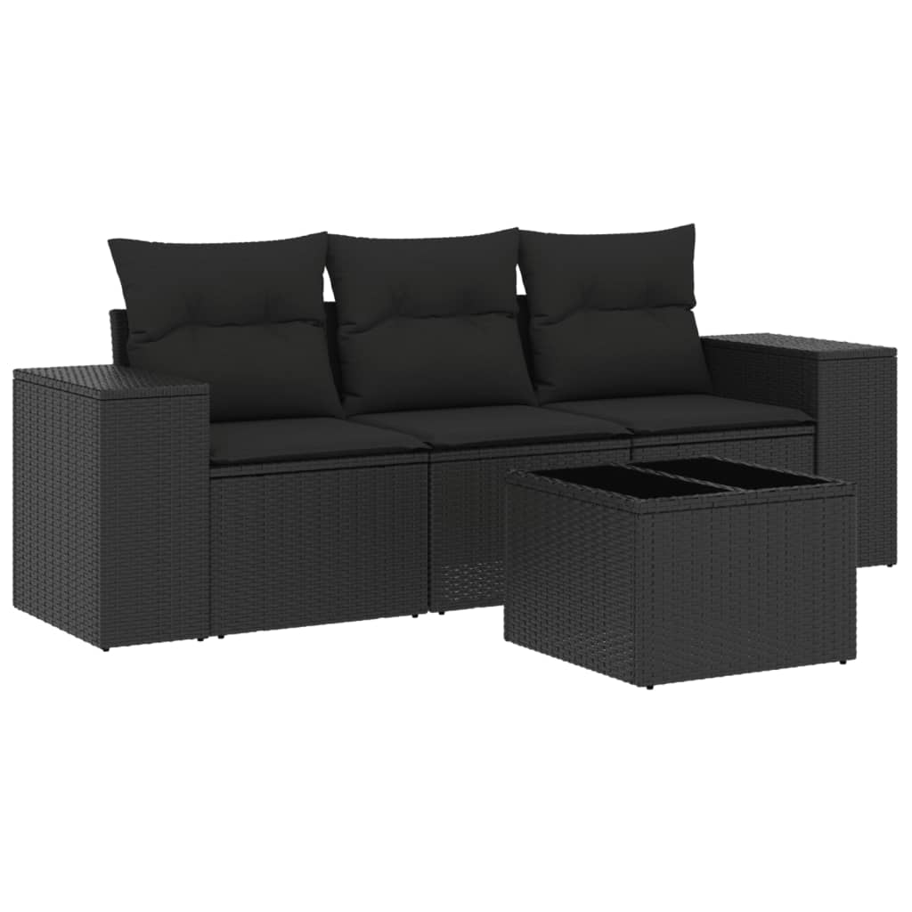4-tlg. Garten-Sofagarnitur mit Kissen Schwarz Poly Rattan