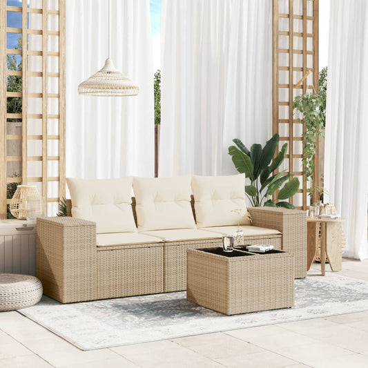 4-tlg. Garten-Sofagarnitur mit Kissen Beige Poly Rattan