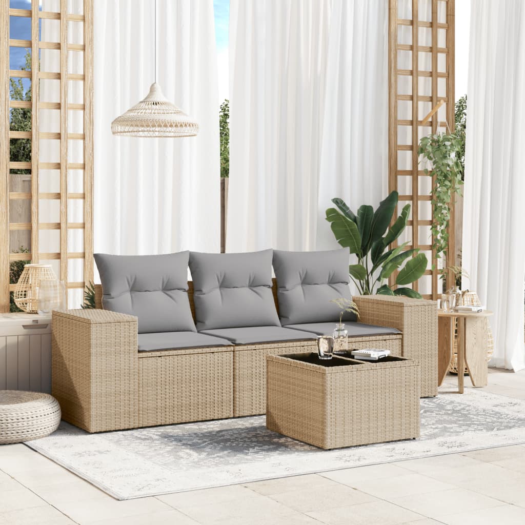 4-tlg. Garten-Sofagarnitur mit Kissen Beige Poly Rattan
