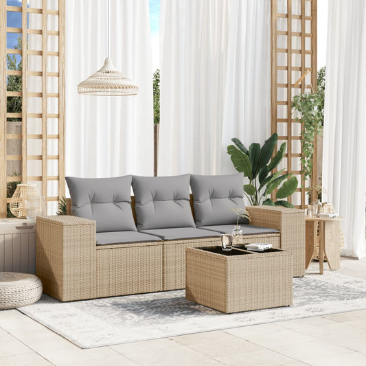 4-tlg. Garten-Sofagarnitur mit Kissen Beige Poly Rattan