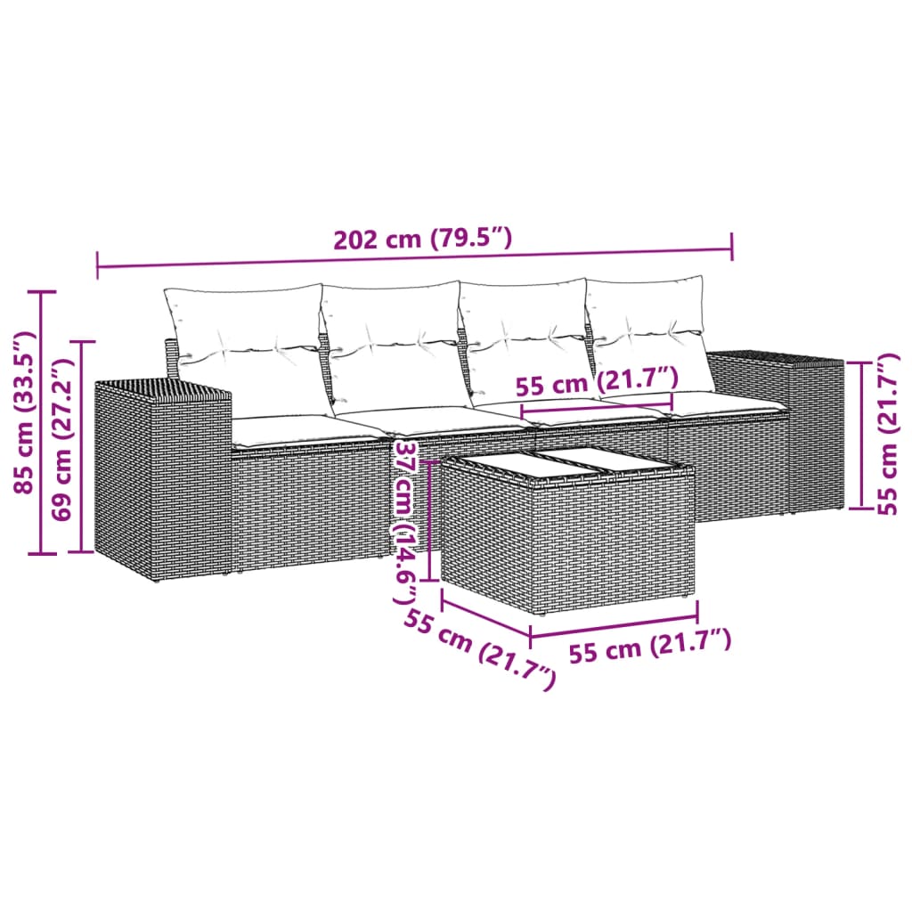 5-tlg. Garten-Sofagarnitur mit Kissen Hellgrau Poly Rattan