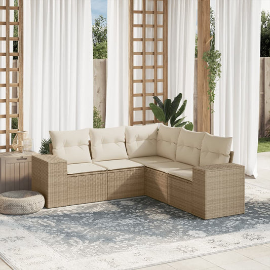 5-tlg. Garten-Sofagarnitur mit Kissen Beige Poly Rattan