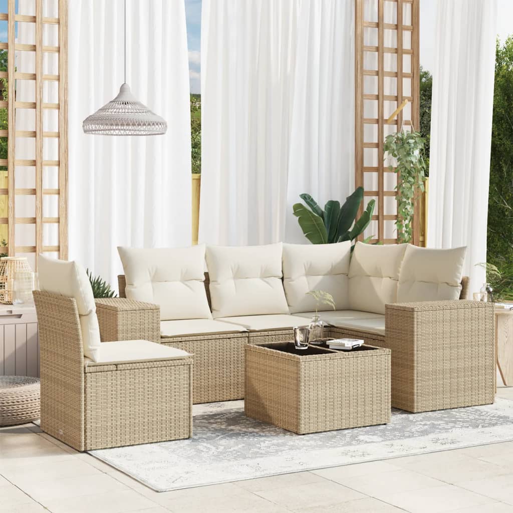 6-tlg. Garten-Sofagarnitur mit Kissen Beige Poly Rattan