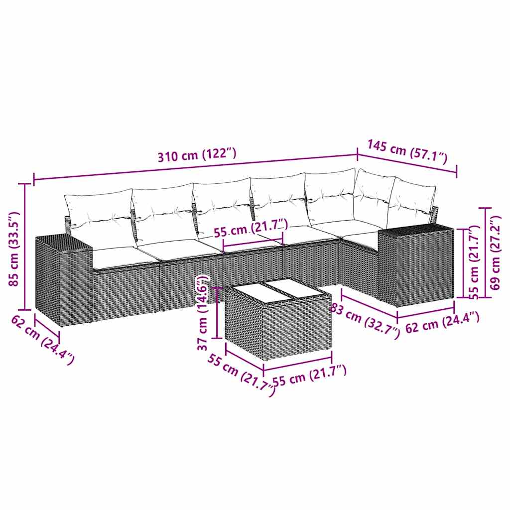 7-tlg. Garten-Sofagarnitur mit Kissen Hellgrau Poly Rattan