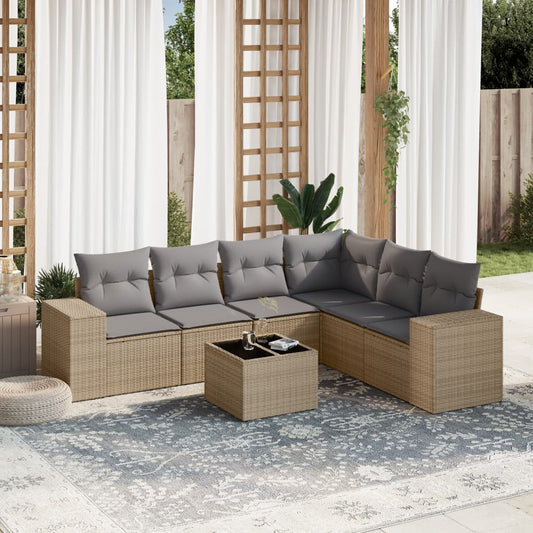 7-tlg. Garten-Sofagarnitur mit Kissen Beige Poly Rattan