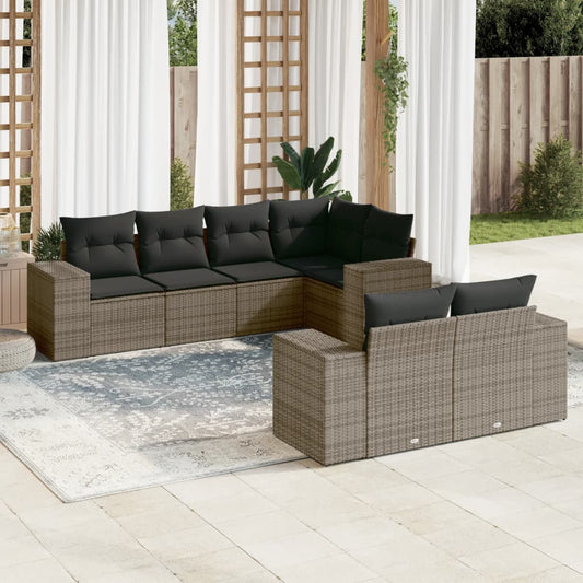7-tlg. Garten-Sofagarnitur mit Kissen Grau Poly Rattan