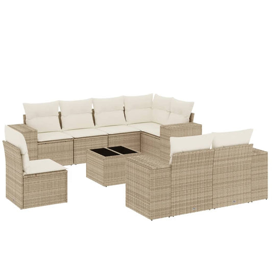 9-tlg. Garten-Sofagarnitur mit Kissen Beige Poly Rattan