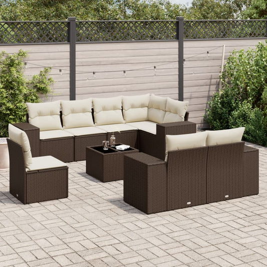 9-tlg. Garten-Sofagarnitur mit Kissen Braun Poly Rattan