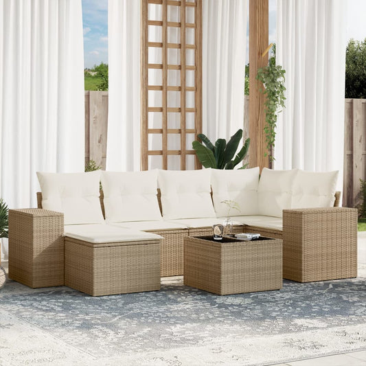7-tlg. Garten-Sofagarnitur mit Kissen Beige Poly Rattan