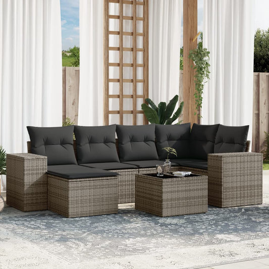 7-tlg. Garten-Sofagarnitur mit Kissen Grau Poly Rattan