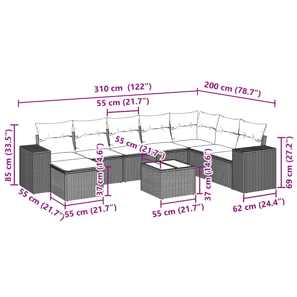 9-tlg. Garten-Sofagarnitur mit Kissen Hellgrau Poly Rattan
