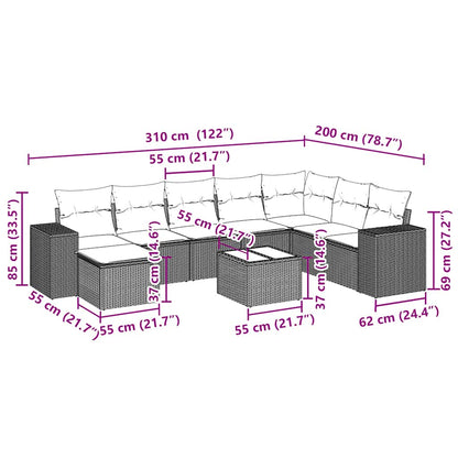 9-tlg. Garten-Sofagarnitur mit Kissen Hellgrau Poly Rattan