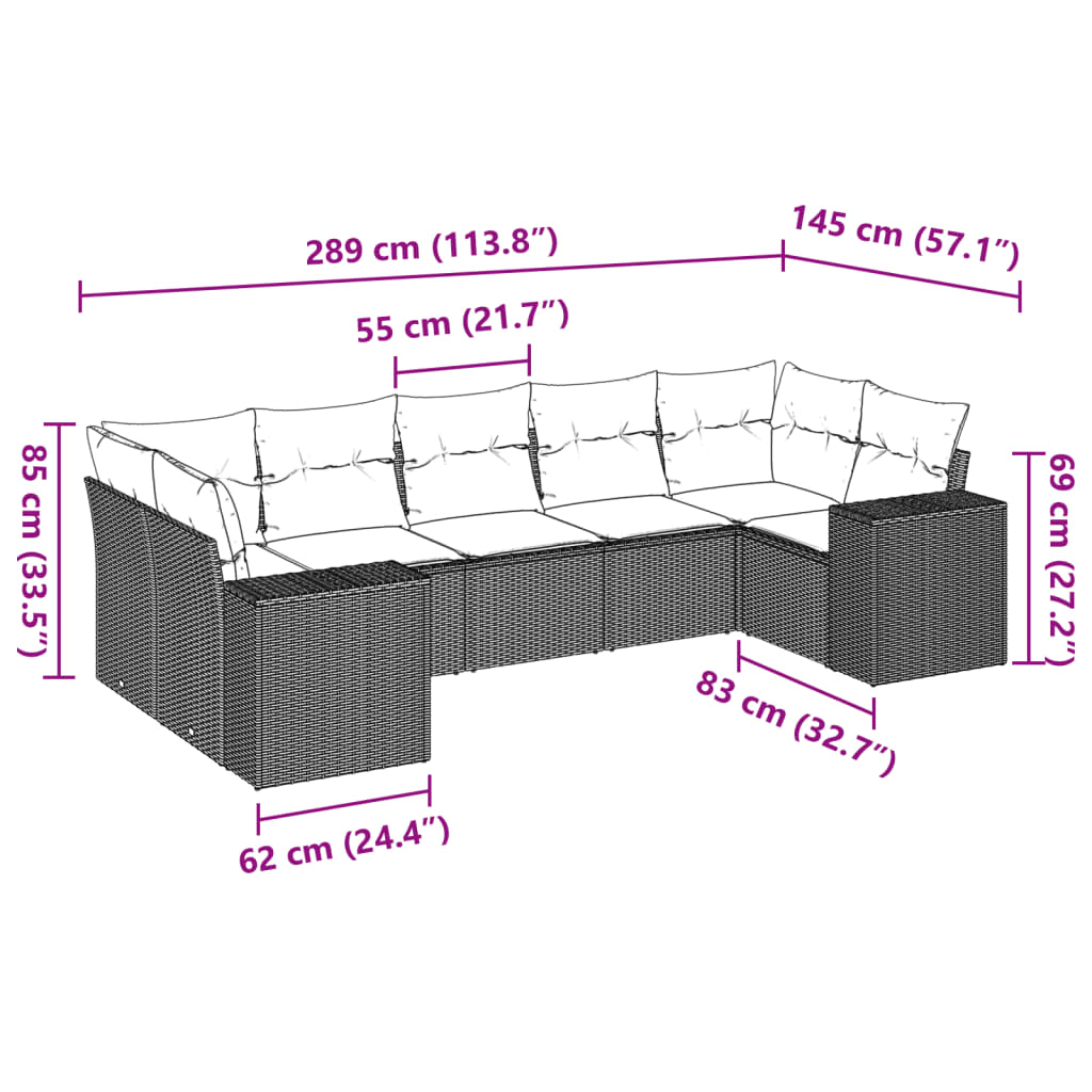 7-tlg. Garten-Sofagarnitur mit Kissen Grau Poly Rattan