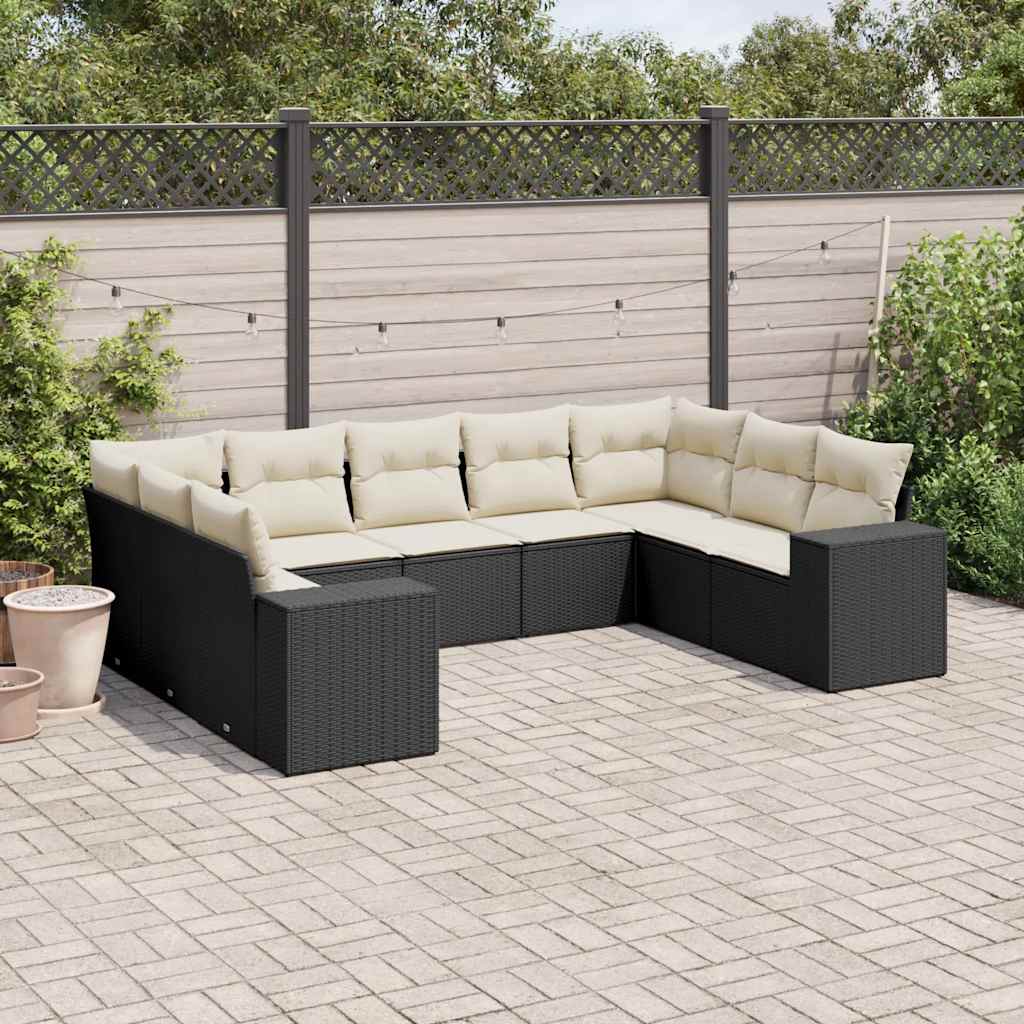 9-tlg. Garten-Sofagarnitur mit Kissen Schwarz Poly Rattan