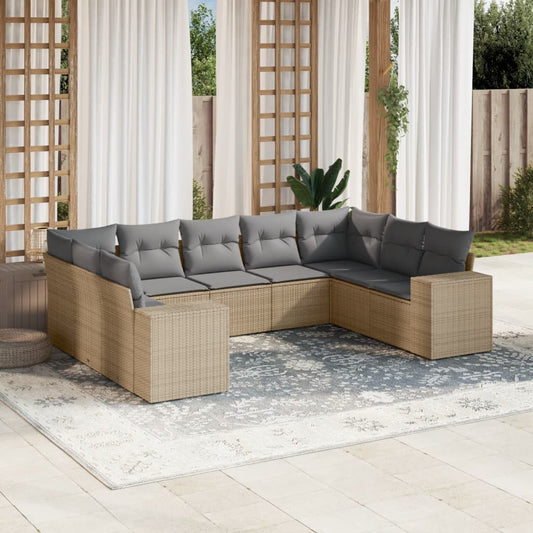 9-tlg. Garten-Sofagarnitur mit Kissen Beige Poly Rattan